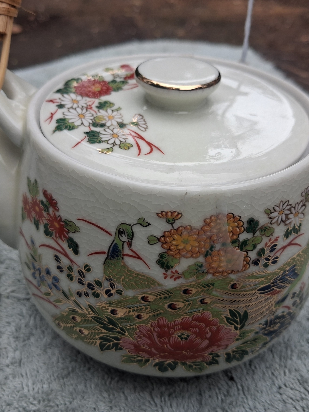 Porcelain Peacock Floral Canister with Gold Trim